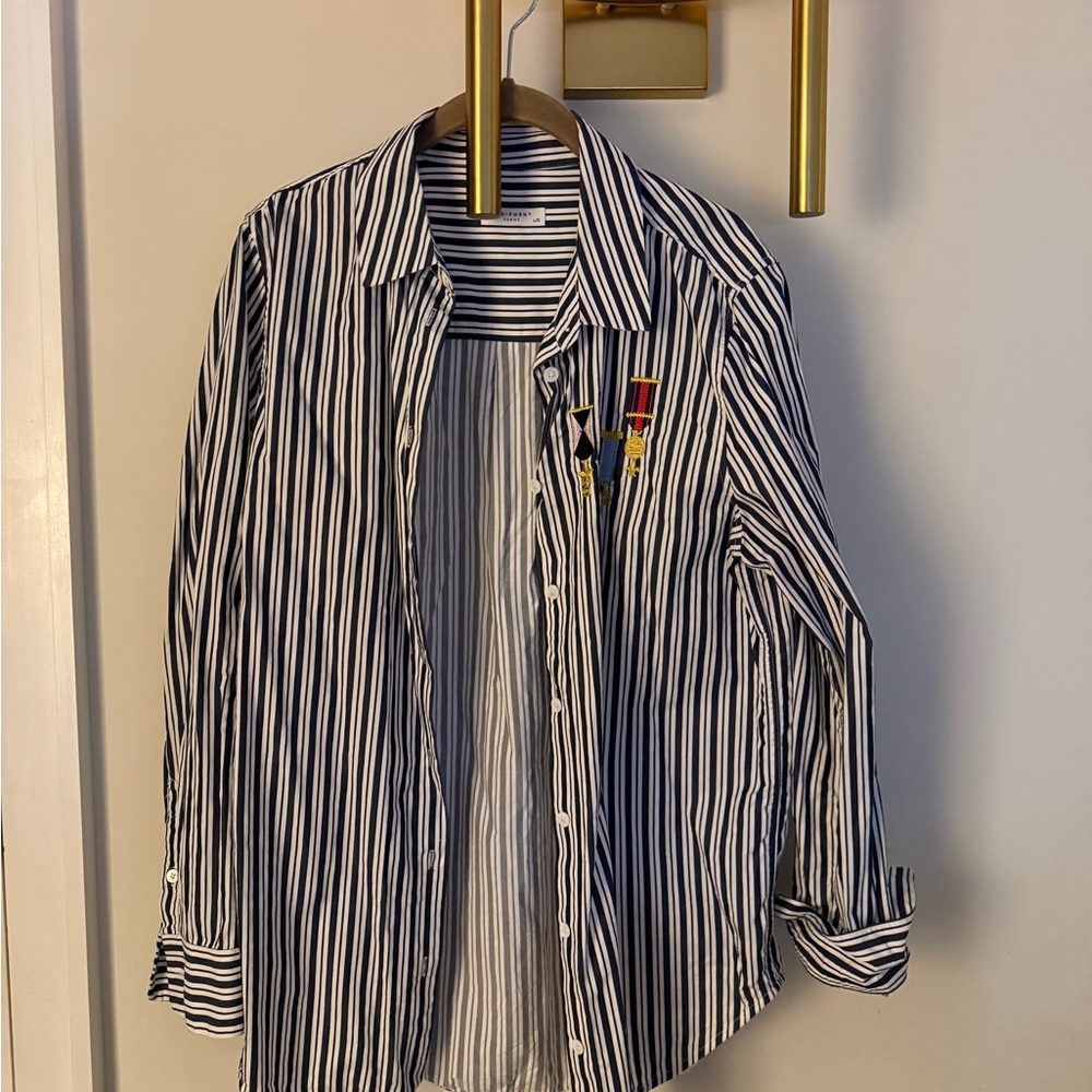 Striped navy and white button down shirt